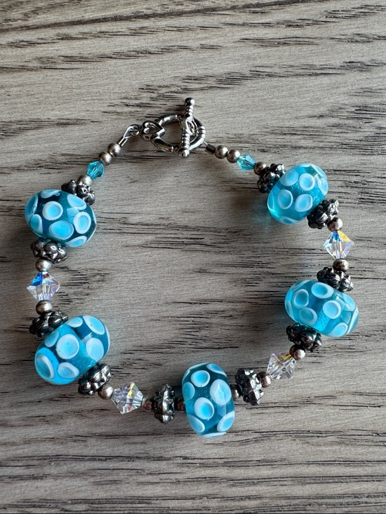 Jewelry - Handcrafted Blue Glass Bead Bracelet with Swarovski Crystals and Silver Accents